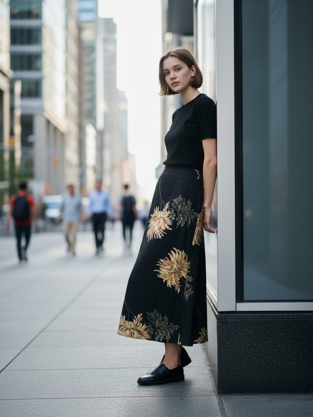 AGB Black Maxi Skirt with Gold Floral Motif